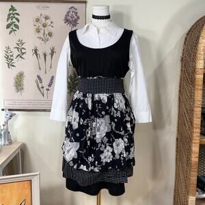Vtg 90s Y2k Black White Floral Polka Dot Tiered Skirt Whimsy Twee Gothabilly S M